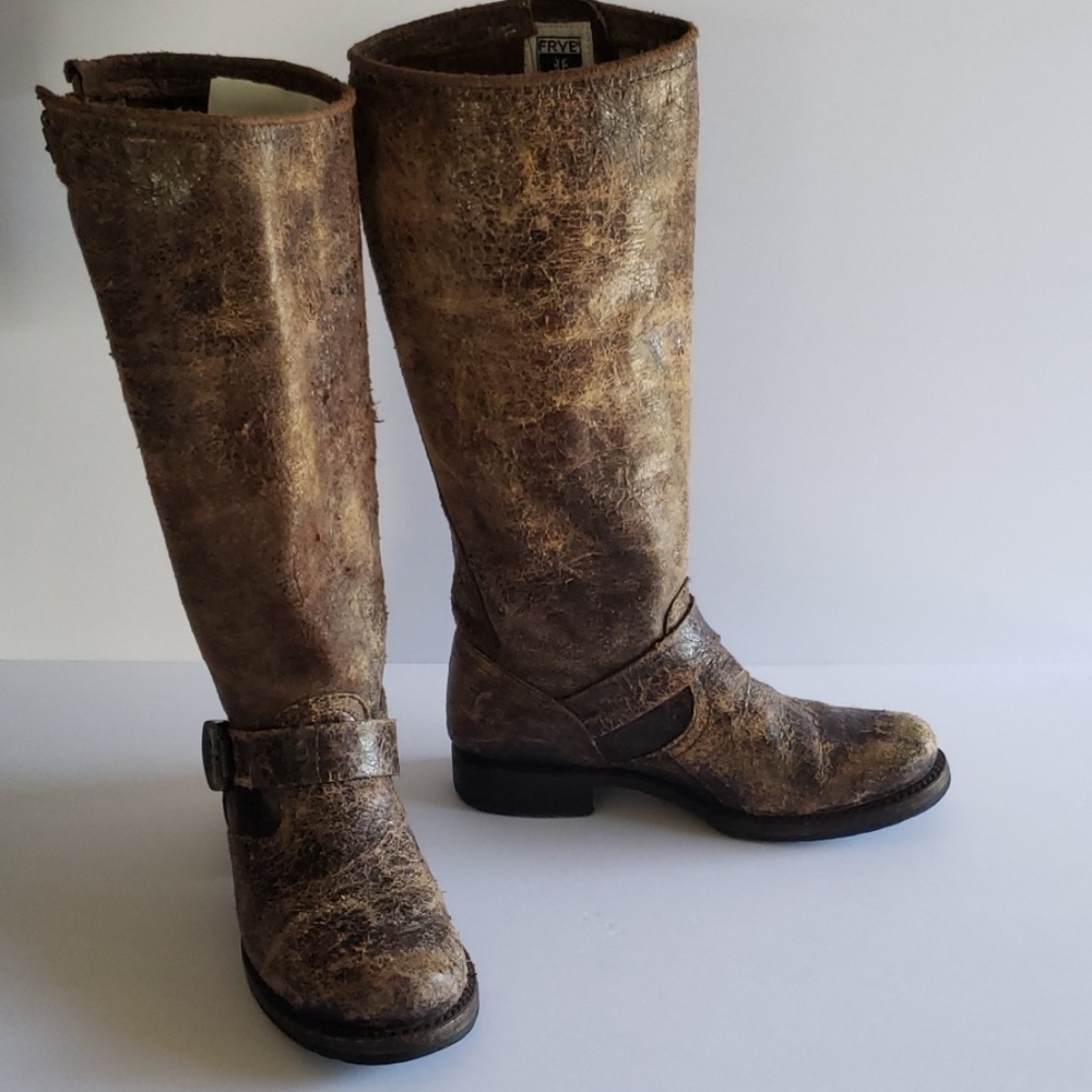Frye Veronica Slouch Pull On Distress Cracked Brown Leather Riding Boots Size 6